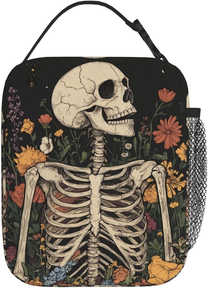 SUPLUCHOM Lunch Bag Skeleton Flower Skull Vintage Insulated Box Reusable with Side Pocket for Girl Boy Women Men Work School Picnic Hiking Daytrip Over 3 Years Old