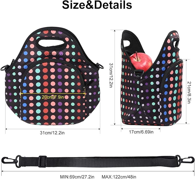 CILLA Neoprene Lunch Bag for Women Insulated Lunch Tote Bags Washable Lunch Container Box Picnic Lightweight Meal Prep Bags(Small Colored Dots+)