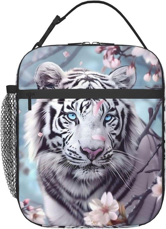 Reusable White Tiger Lunch Box for Kids, Insulated Cherry Blossom Bag,Polyester Cooler Animal Lovers Handbags Case for School Picnic Work Travel Beach or Hiking, Gifts