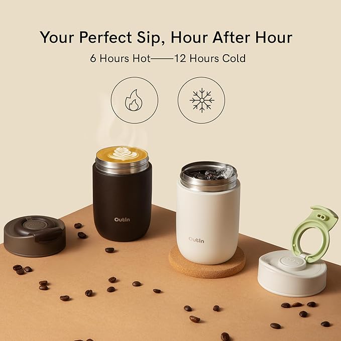 OutIn Travel Tumbler, Outdoor Insulated Coffee Tumbler with Leak-Proof Flip Lid, 12 oz Stainless Steel Mug for Hot & Cold Drinks Terra Brown