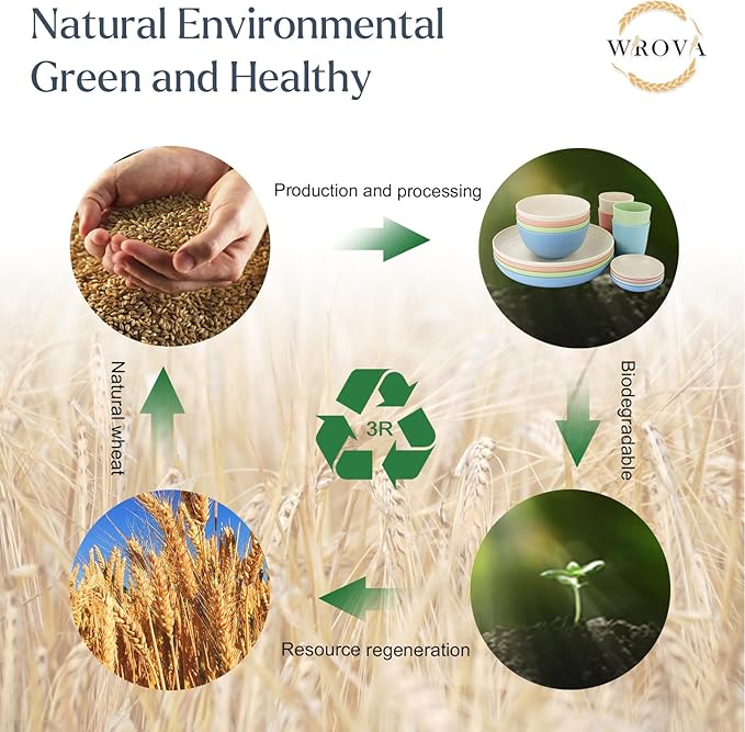 Wrova Wheat straw plates and bowls sets of 16 - Unbreakable wheat straw dinnerware sets for kids - Alternative plastic dinnerware set service for 4 - Microwave safe and Dishwasher safe bowls. Nordic