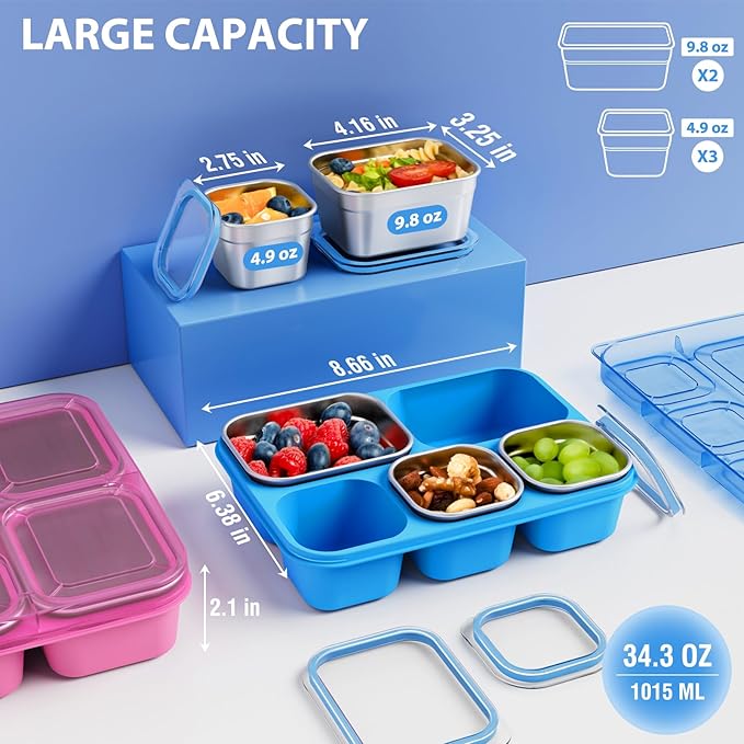 Stainless Steel Snack Containers - 2 Pack, BPA-Free Lunch Bento Box with 5 Compartment, Reusable Food Storage Snackle Box for School, Work, and Travel, Dishwasher Safe (Pink/Blue)
