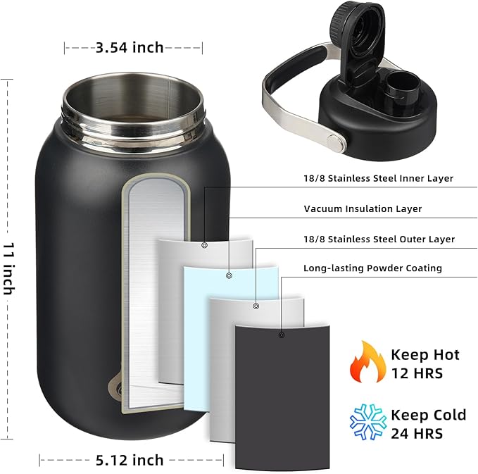 BJPKPK Half Gallon Insulated Water Bottles, 64oz Water Jug with Metal Handle & BPA Free Spout Lid, Dishwasher Safe Thermo, Large Stainless Steel Gym Sport Jugs, Black