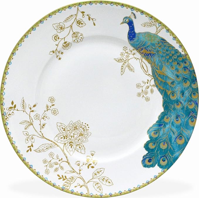 222 Fifth 16-Piece Porcelain Dinnerware Set for 4, Elegant Plates and Bowls Sets-White, Teal, Gold Ceramic Dishes, Chip Proof Kitchen and Dining Dish Set, Microwave & Dishwasher Safe, Peacock Garden