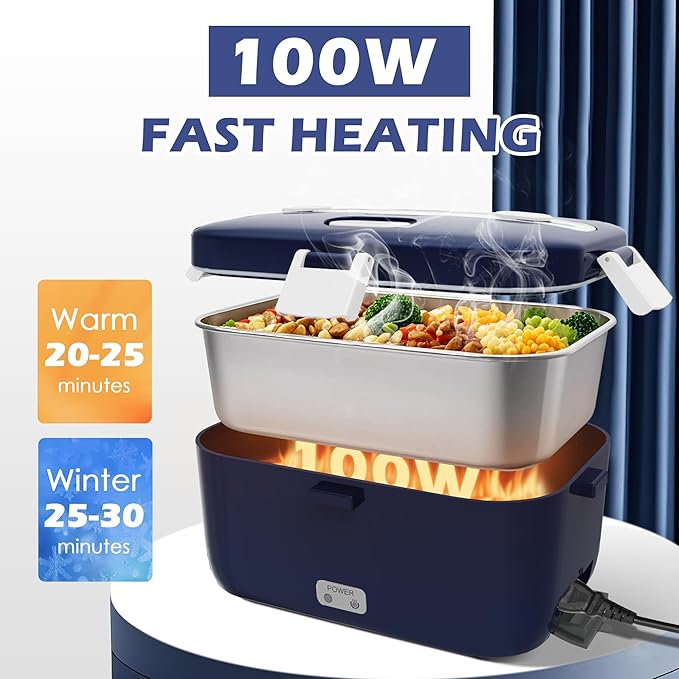 100W Electric Lunch Box Food Heated 12V 24V 110V Fast Food Warmer Heater for Car/Truck/Home Portable Food Heating Boxes with 1.8L 304 SS Container 0.45L Compartment(Royal Blue+White)