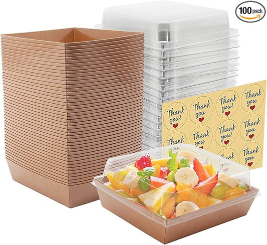 100 Pack Small Paper Charcuterie Boxes with Clear Lids, Square Disposable Food Containers with Lids for Desserts, Sandwich, Sushi, Cake Slice and Strawberries