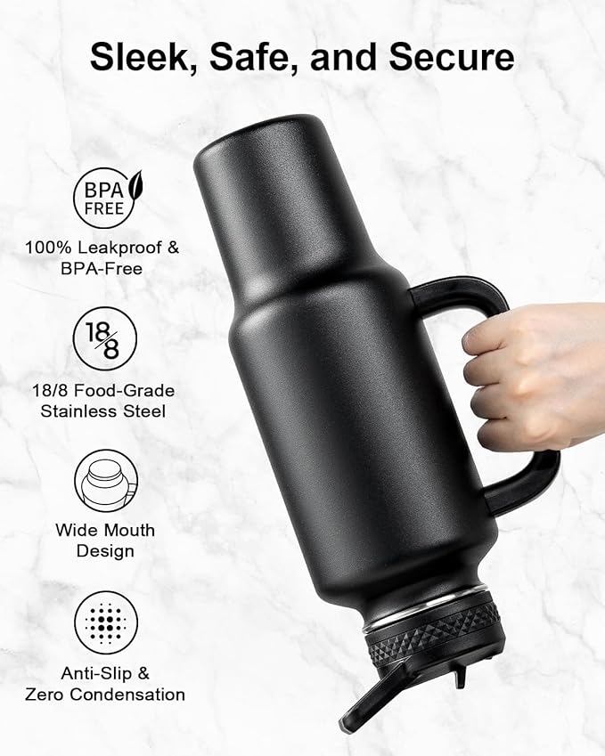 Trebo 40 oz Water Bottle Insulated Fit Car Cup Holder with Handle, Stainless Steel Water Bottles Tumbler with Spout Straw Lids, Double Wall Travel Reusable Flask, Leakproof Mug,Keep Cold &Hot,Black