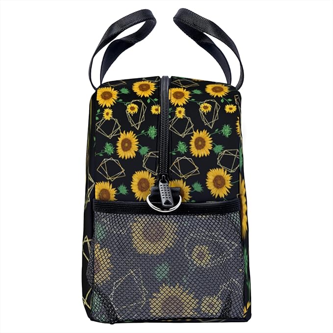 Yellow sunflower geometric shapes modern art Lunch Bag for Women Men Cute Large Capacity Thermal Lunch Tote Reusable Washable with Adjustable Shoulder Strap and Dual Large Mesh Side Pockets