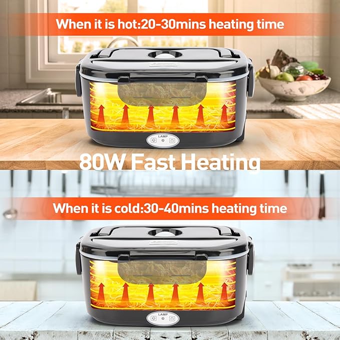 APSARAS USA Electric Lunch Box for Adults, 3 in1 Portable Leakproof Heated Lunch Box for Car/Truck/Men with 1.5L Removable 304SS Container, 60-80W, 12V/24V/110V With SS Fork Spoon&Carry Bag