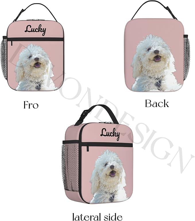 Personalized Pet Photo Lunch Bag, Custom Pet Lunchbag, Customizable Dog & Cat Portrait Insulated Neoprene Lunch Tote with Zipper and String Bag, Cute Funny Reusable Lunch Box Containe for Pet Lovers