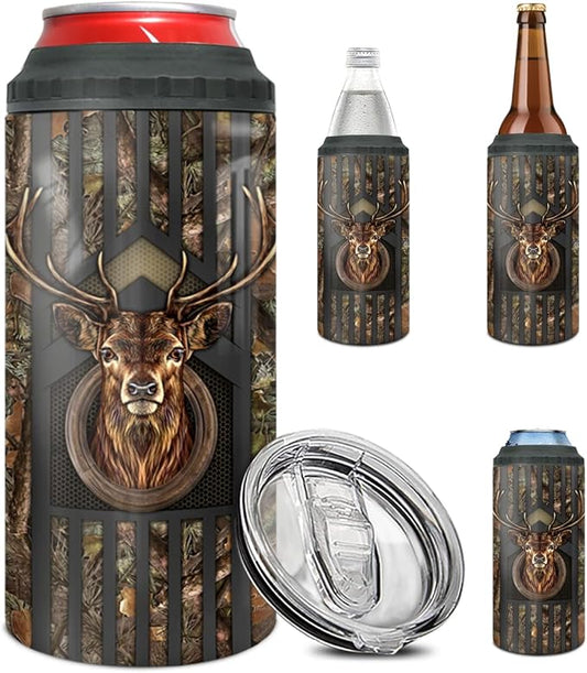 winorax Deer Hunting Tumbler 4-in-1 Can Cooler Hunter Gifts For Men Hunters Stainless Steel 16oz Thermos Insulated Tumblers Travel Coffee Mug Cup With Lid Cups Gift For Men Women Dad Papa