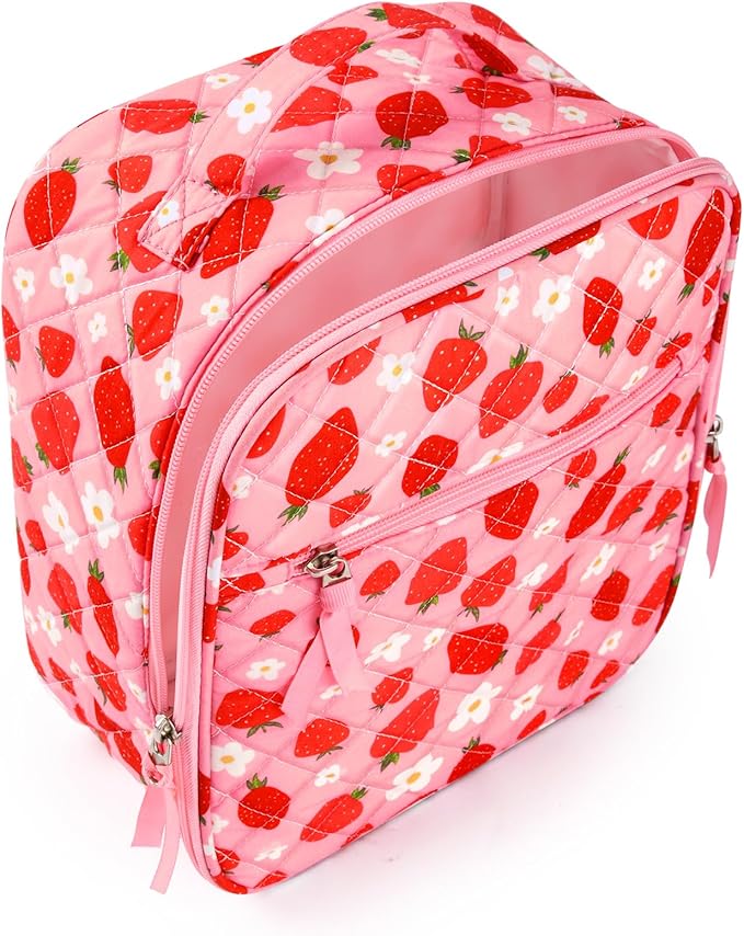 Aileam Lunch Box for Women Cute Strawberry Lunch Bag Quilted Reusable Insulated Lunch Box Aesthetic Lunch Tote Bags Floral Cotton Lunch Case for Travel Work Picnic (Pink Strawberry Flower)