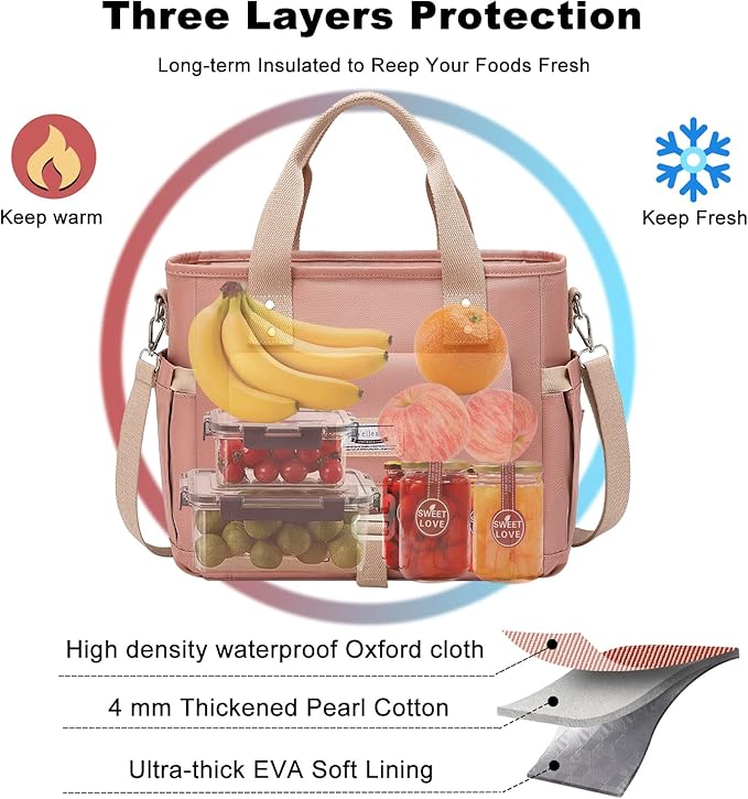 Weitars Lunch Bag for Women Work,Insulated Lunch Box Extra Large Lunch Tote Bag,Wide-Open Tote Cooler Bag With Removable Shoulder Strap with Side Pocket,Lunchbag For Picnic Hiking Beach