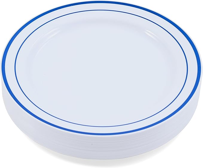 120-Piece Dinner Plastic Plates Set Premium 120 Dinner Plates, Disposable Plates for Party - White Plastic Wedding Plates with Blue Rim