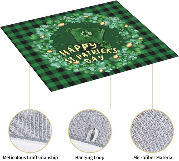 St Patricks Day Hat Lucky Shamrock 17 March Green Buffalo Plaid Irish Drying Mat 16x18 Inch For Kitchen Counter Drying Mats Dish For Kitchen Counter Easy Clean Kitchen