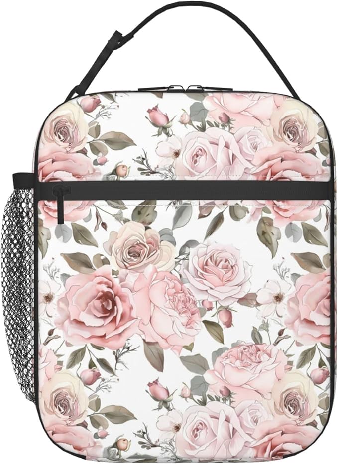 Reusable Floral Rose Lunch Box for Kids Girls Boys Women Adult, Insulated Pink and White Flower Lunch Bag,Polyester Cooler Art Handbags Case for School Picnic Work Travel Beach or Hiking