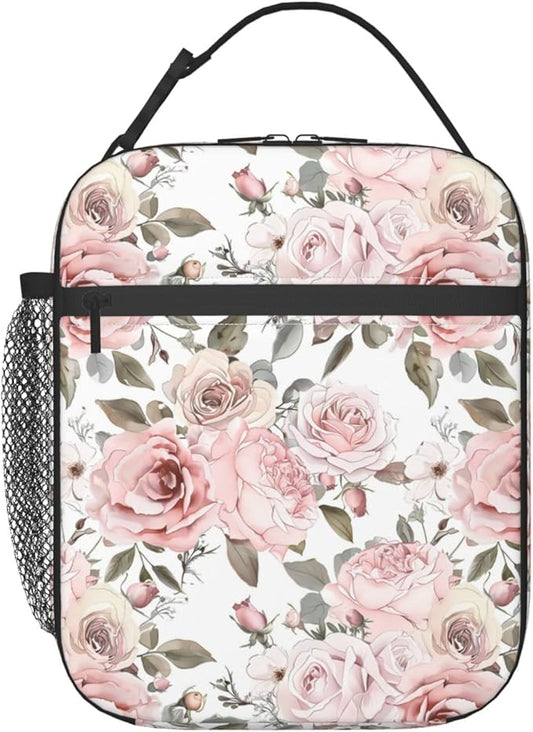 Reusable Floral Rose Lunch Box for Kids Girls Boys Women Adult, Insulated Pink and White Flower Lunch Bag,Polyester Cooler Art Handbags Case for School Picnic Work Travel Beach or Hiking