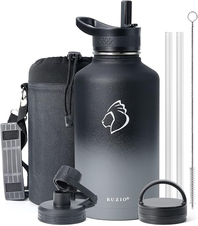 BUZIO 64 oz Water Bottle Insulated with Straw & 3 lid and Carrying Pouch, Leak Proof Half Gallon Stainless Steel Water Flask Jug, Cold for 48 Hrs Double Vacuum Thermo Canteen, BPA-Free, Shadow