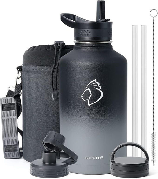 BUZIO 64 oz Water Bottle Insulated with Straw & 3 lid and Carrying Pouch, Leak Proof Half Gallon Stainless Steel Water Flask Jug, Cold for 48 Hrs Double Vacuum Thermo Canteen, BPA-Free, Shadow