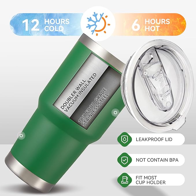 30 oz Tumbler with Lid Stainless Steel Tumblers Bulk Vacuum Insulated Cup Reusable Powder Coated Travel Mug Double Wall Leak Proof Cups Keep Cold Drinks for 12 Hours Dark Green, Set of 4