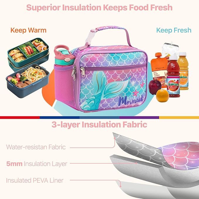 Bagseri Kids Lunch Bag Girls - Kids Lunch Box for Girls Reusable Insulated Lunch Bag with Water Bottle Holder Toddler Lunch Box for Daycare and School, Purple Mermaid Tail (Water Bottle Not Included)