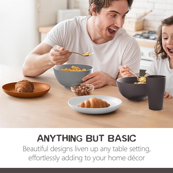 Teivio 32-Piece Kitchen Plastic Wheat Straw Dinnerware Set, Service for 8, Unbreakable Dinner Plate/Dessert Plate/Cereal Bowl/Cup,Outdoor Camping Dishes for Life/Vintage,Farmhouse,Rustic Multicolor