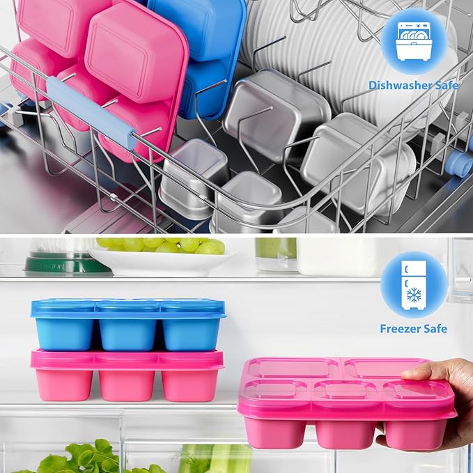 Stainless Steel Snack Containers - 2 Pack, BPA-Free Lunch Bento Box with 5 Compartment, Reusable Food Storage Snackle Box for School, Work, and Travel, Dishwasher Safe (Pink/Blue)