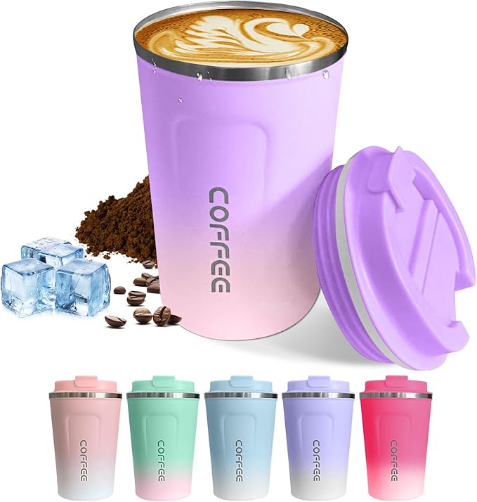 Stainless Steel Vacuum Insulated Travel Mugs - Leak-Proof Reusable Coffee Tumblers with Lids, Thermal Insulation for Hot & Cold Drinks (17oz, Purple Pink)