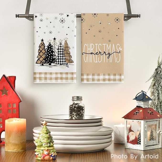 Artoid Mode Brown Buffalo Plaid Snowman Xmas Trees Christmas Kitchen Towels Dish Towels, 18x26 Inch Hello Winter Decoration Hand Towels Set of 4