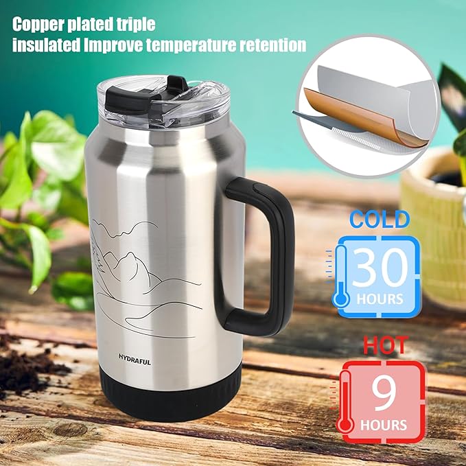 Hydraful 64 oz Tumbler with Handle and Straw - 100% Leak-Proof - Insulated Cup Reusable Stainless Steel Large Water Bottle Travel Mug for Gym, Hiking, and Camping - Gifts for Women Men Him Her