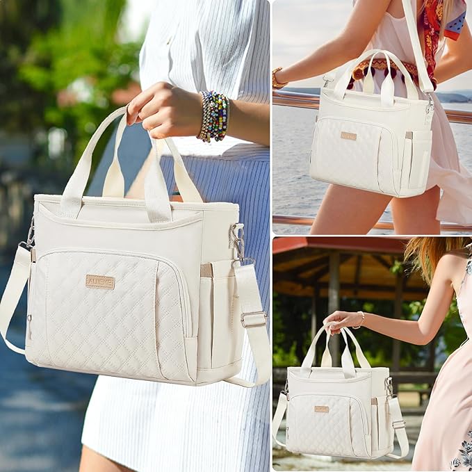 AIJIEKE Insulated Lunch Bag for Women, Lunch Box, Lunch Tote for Work, Large Leak Proof Cooler Bag with Removable Strap, Reusable Adult Lunchbag, Picnic, Office, Beach, Beige