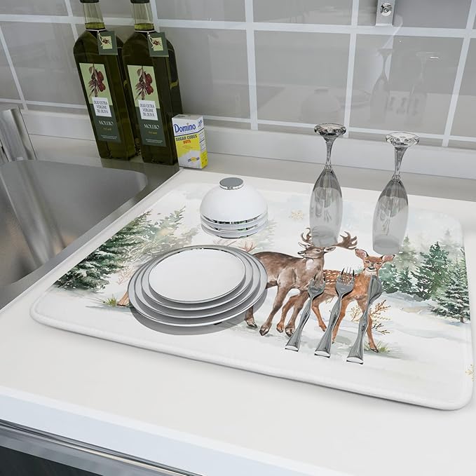 Winter Deer Dish Drying Mat for Kitchen Counter Xmas Trees Snowflake Festival Microfiber Absorbent Dish Draining Reusable Washable Foldable Extra Large 18"x24"