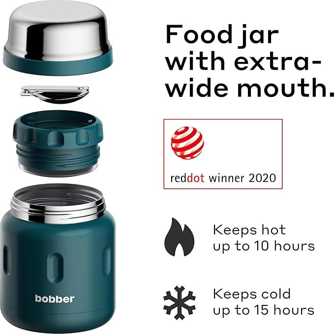 BOBBER 16 oz Wide Mouth Insulated Thermos Food Jar for Soup and Hot Food – Stainless Steel with Built-in Spoon and Bowl – Keeps Hot for 10 Hours, Cold for 15 Hours (Deep Teal)