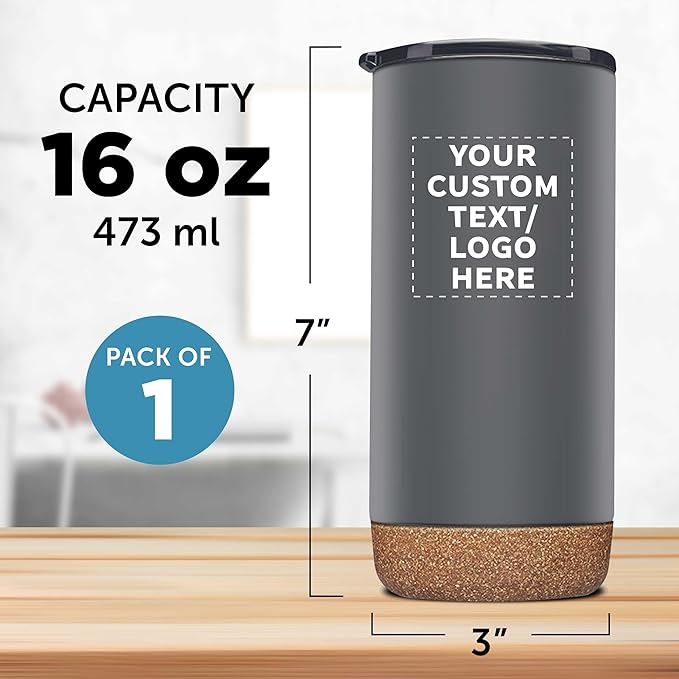 DISCOUNT PROMOS Custom Travel Tumblers with Cork Bottom 16 oz. Set of 1, Personalized Bulk Pack - Double Wall Insulated, Matte Finish, Perfect for Iced Coffee, Soda, Other Beverages - Grey