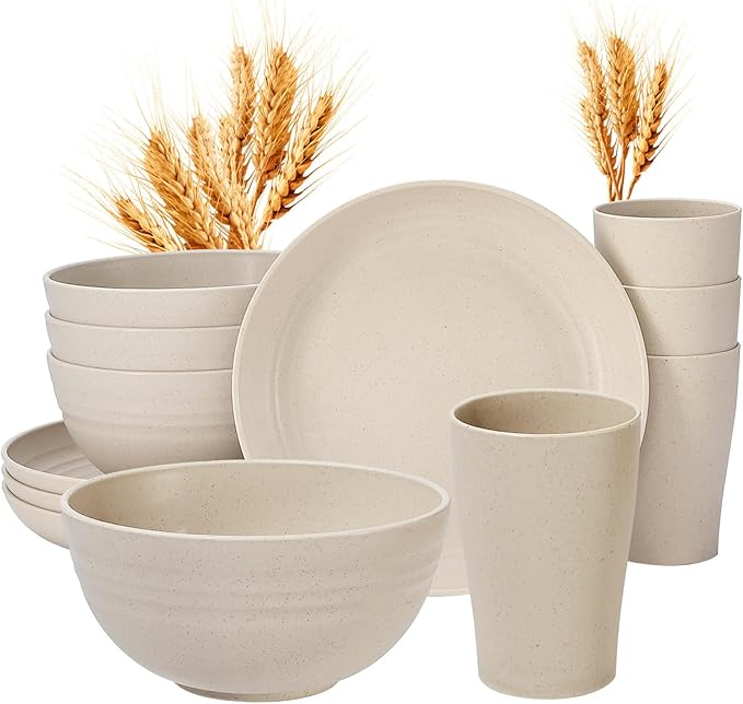 12pcs Kids Wheat Straw Dinnerware Sets, Wheat Straw Plates and Bowls Set for 4 Microwave Safe (Beige)