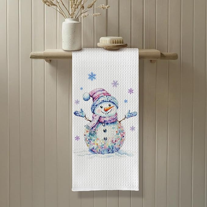 Trendy Disco Snowman Winter Kitchen Towels, Glitter Christmas Snowman Dish Tea Towels, Holiday Winter Snowflake Christmas Decorative Hand Towel for Kitchen Bathroom, 16x24 Inch