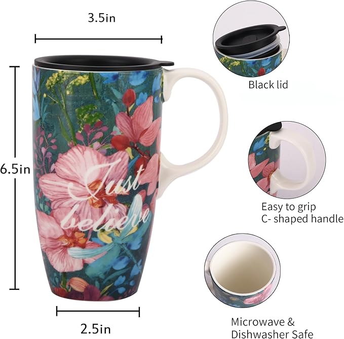 Ceramic Coffee Cup 17 Oz Tall Ceramic Mug with Lid and Color Box, Perfect for Coffee and Tea, Just Believe
