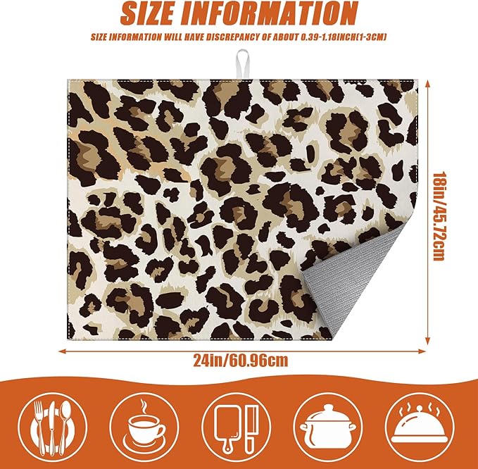Brown Leopard Dish Drying Mat for Kitchen Counter Microfiber Absorbent Dish Kitchen Drying Mat Draining Reusable Washable for Dishes/Utensils/Counterto