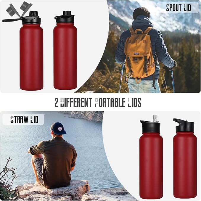 40 oz Insulated Water Bottle with Straw, Stainless Steel Sports Water Bottles with 2 Lids (Straw and Wide Mouth lid), Double Wall Vacuum, Leakproof, BPA-Free, Red
