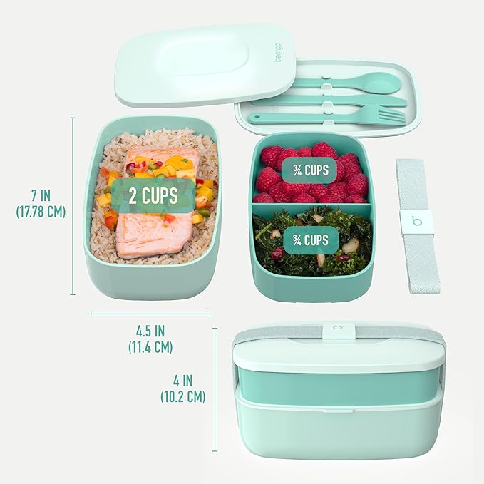 Bentgo Classic - Adult Bento Box, Stackable 3-Compartment Lunch Box with Removable Utensil Set and Sealing Strap, BPA-Free, Food Container Ideal for Meal Prep, Work, and On the Go (Coastal Aqua)