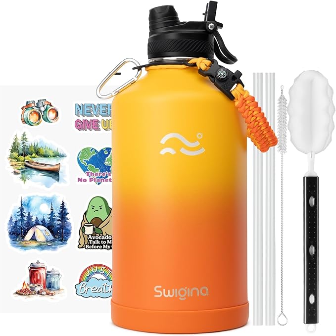 [2-IN-1 LID] Gallon Insulated Water Bottle with Silicone Boot (48hrs Cold/24hrs Hot) - DIY Stickers, Leakproof, BPA Free, 128 oz