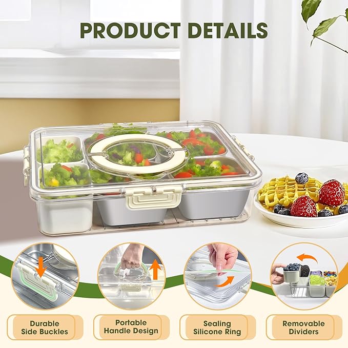 Snackle Box Container, Divided Serving Tray with Lid and Handle, Portable Stainless Steels Snack Platters, Charcuterie Container Veggie Tray with Lid for Fruits Candy Nuts, Perfect for Party Travel