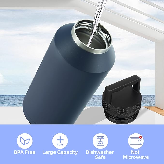BJPKPK Half Gallon Water Bottle Insulated, Dishwasher Safe 64 oz Water Bottle with Handle, Leakproof BPA Free Water Jug, Large Stainless Steel Thermo for Sports, Navy Blue