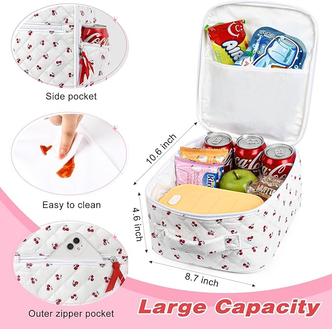Aileam Lunch Box Lunch Bag for Women Cute Girls Insulated Womens Lunch Bag For Work Quilted Large Capacity Reusable Insulated Cooler for Work Picnic Travel Little Red Cherries