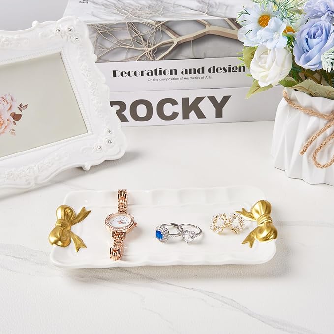 Bow Jewelry Tray Ceramic Trinket Dish for Rings Earrings Necklaces Bracelet Watch Keys, Ring Dish Plate Key Bowl Room Decor Aesthetic Vanity Perfume Tray, Gifts for Women, 6.69"