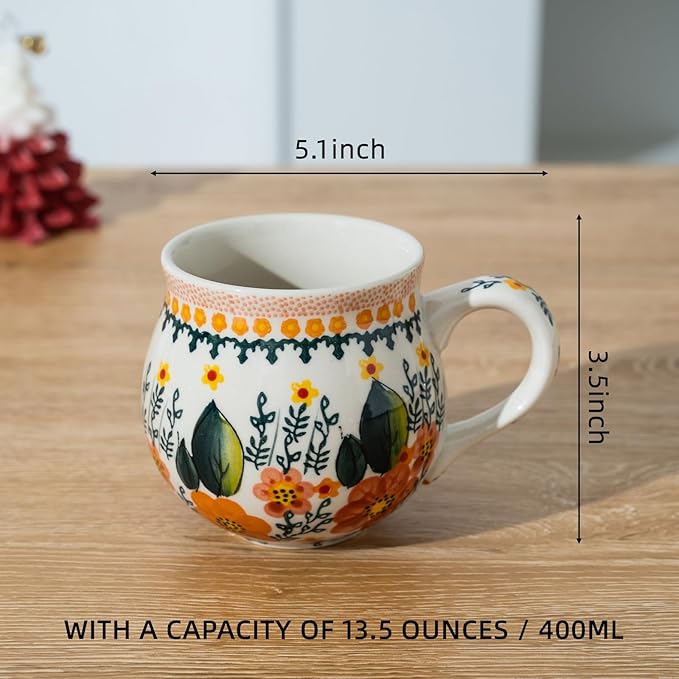 ALMA Ceramic Fall Coffee Mug 12oz/380ml,Flower Mug,Uniuque Handmade Tea Cup For Festival,Microwave Oven Safe(Autumn Meadow,Medium)
