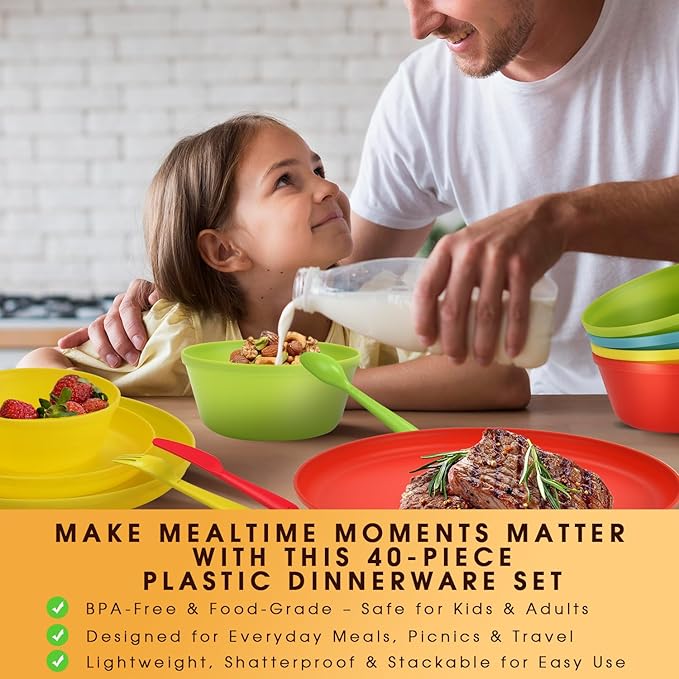 Tropical Plastic Dinnerware Set – 40-Piece Colorful Unbreakable Plates & Bowls for 8 with Cups, Forks, Knives, Spoons – Reusable Kids Dishes for Party, Camping, Picnic, Daily Use