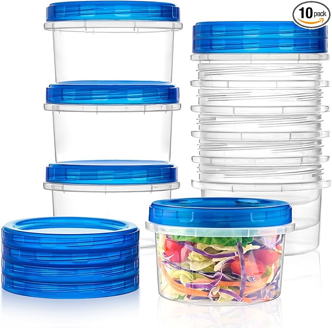 Qeirudu 10 Pack 16oz Freezer Storage Containers with Screw Lids, Leakproof Meal Prep Containers, Small Plastic Food Storage Containers for Soup, Fruits, Leftovers, Salads, Oats