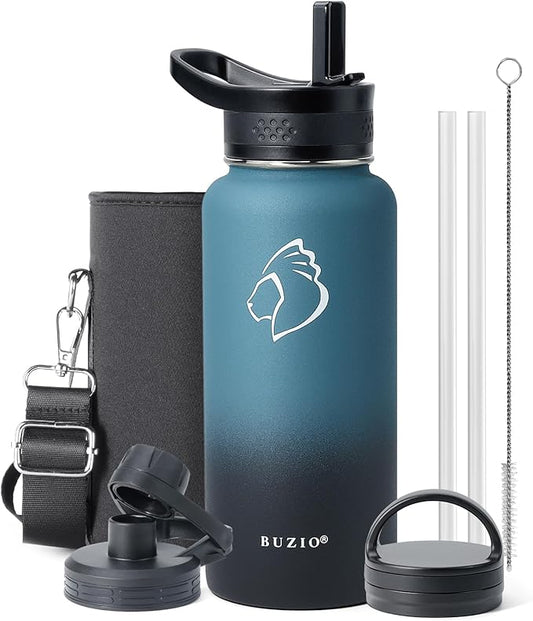 BUZIO 32 oz Water Bottle Insulated with Straw & 3 lid and Carrying Pouch, Leak Proof Anti-Slip Stainless Steel Water Flask Jug, Cold for 48 Hrs Double Vacuum Thermo Canteen, BPA-Free, Indigo Crush