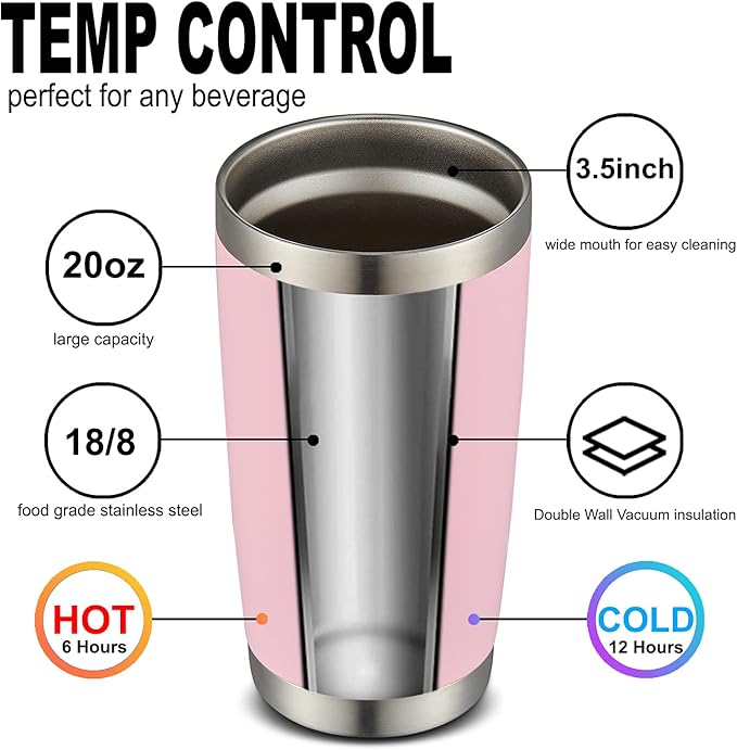 COMOOO 20oz Double Wall Vacuum Insulated Travel Mug, Stainless Steel Tumbler with Lid, Durable Powder Coated Insulated Coffee Cup for Cold & Hot Drinks (Pink, 6 Pack)